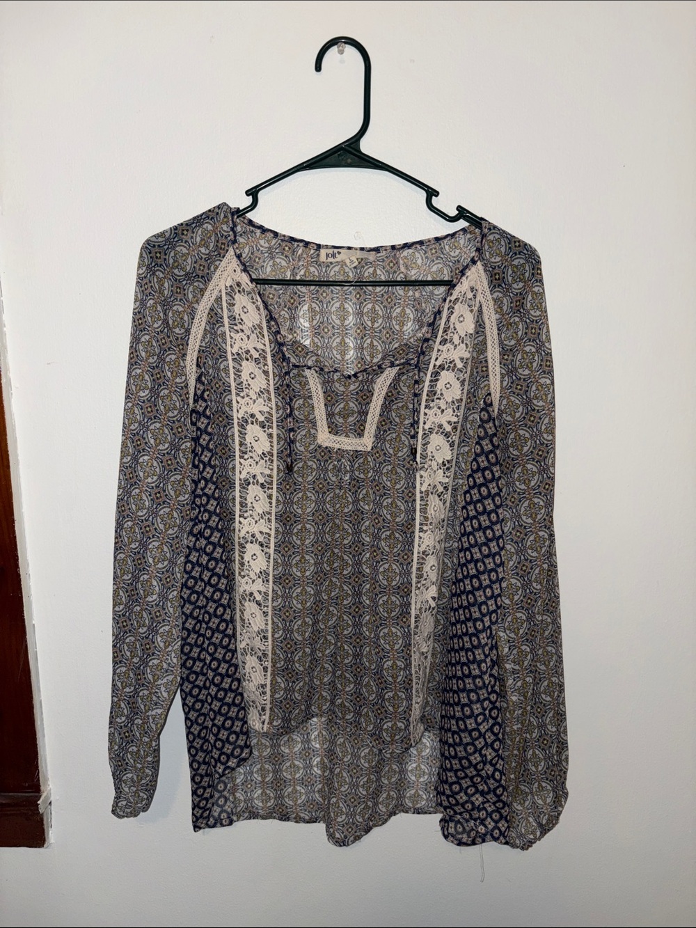 Jolt Navy and Cream Bohemian Lace-Trim Blouse